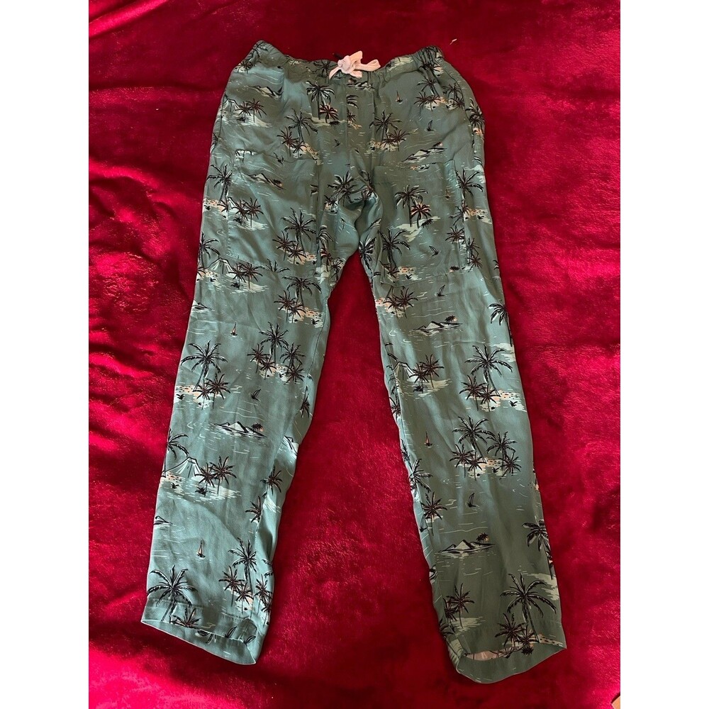 Sandrine Rose Palm Tree Straight Leg Pants Green Pockets Women Small NWOT
